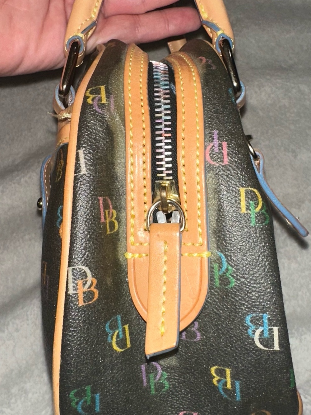 Vintage Dooney & Bourke Black Multicolor DB Logo Mini Satchel with Tan Trim - Picture 15 of 16